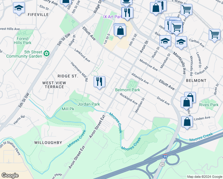 map of restaurants, bars, coffee shops, grocery stores, and more near 1501 Early Street in Charlottesville