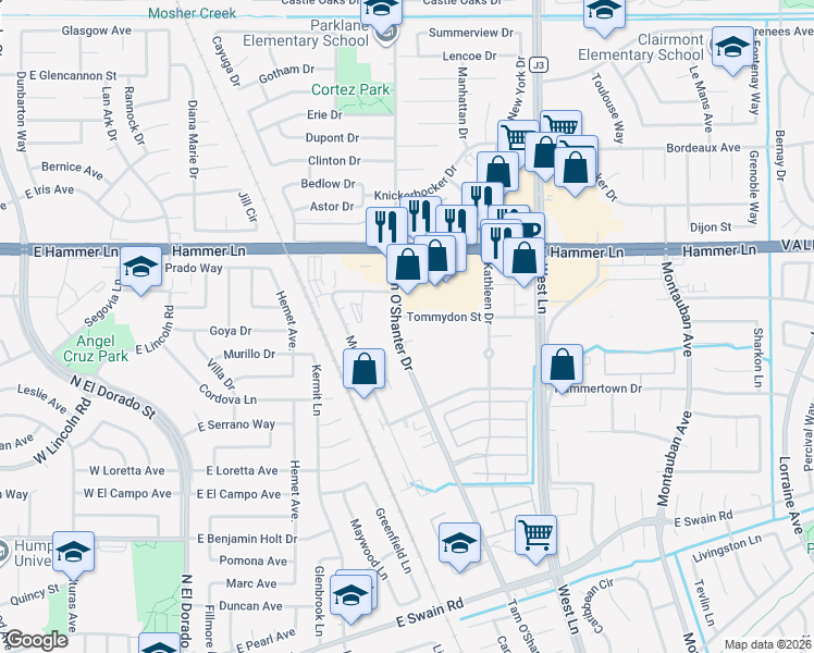 map of restaurants, bars, coffee shops, grocery stores, and more near 906 Tommydon Street in Stockton