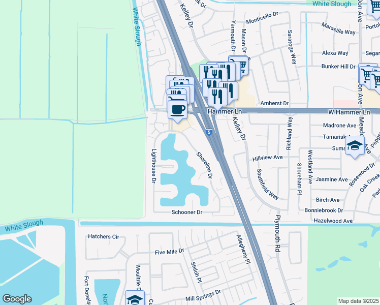 map of restaurants, bars, coffee shops, grocery stores, and more near 7525 Shoreline Drive in Stockton