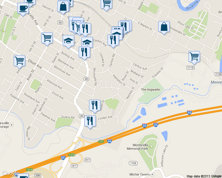 map of restaurants, bars, coffee shops, grocery stores, and more near 108 Waterbury Court in Charlottesville