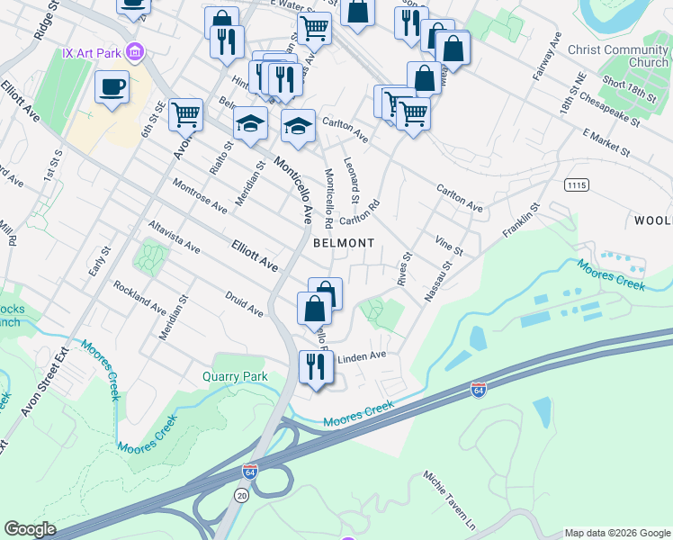 map of restaurants, bars, coffee shops, grocery stores, and more near in Charlottesville