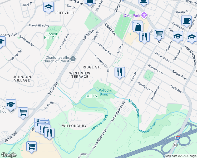 map of restaurants, bars, coffee shops, grocery stores, and more near 108 Hartmans Mill Road in Charlottesville