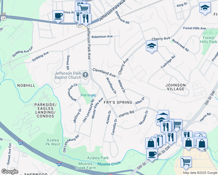 map of restaurants, bars, coffee shops, grocery stores, and more near 2520 Woodland Drive in Charlottesville