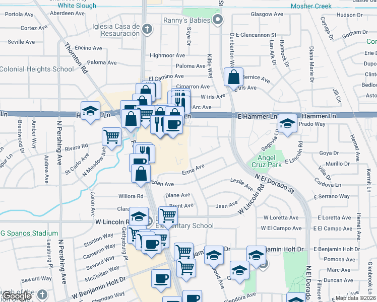 map of restaurants, bars, coffee shops, grocery stores, and more near 7638 Santa Ines Court in Stockton