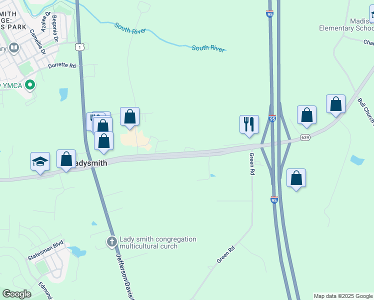 map of restaurants, bars, coffee shops, grocery stores, and more near 8123 Ladysmith Road in Ruther Glen