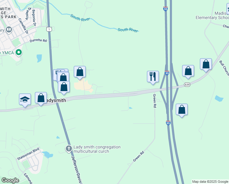 map of restaurants, bars, coffee shops, grocery stores, and more near 8123 Ladysmith Road in Ruther Glen