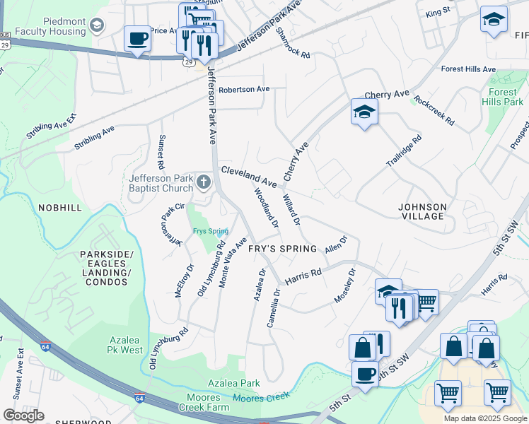 map of restaurants, bars, coffee shops, grocery stores, and more near 2525 Woodland Drive in Charlottesville