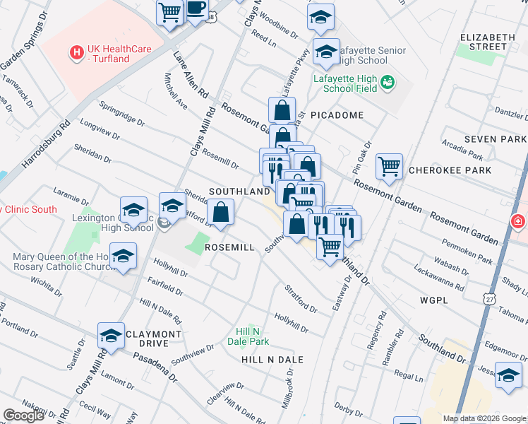 map of restaurants, bars, coffee shops, grocery stores, and more near 489 Longview Drive in Lexington