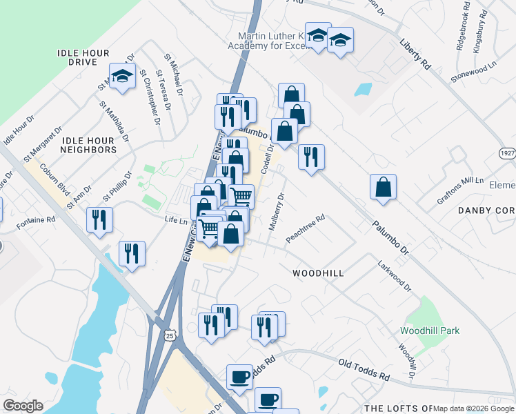 map of restaurants, bars, coffee shops, grocery stores, and more near 405 Codell Drive in Lexington
