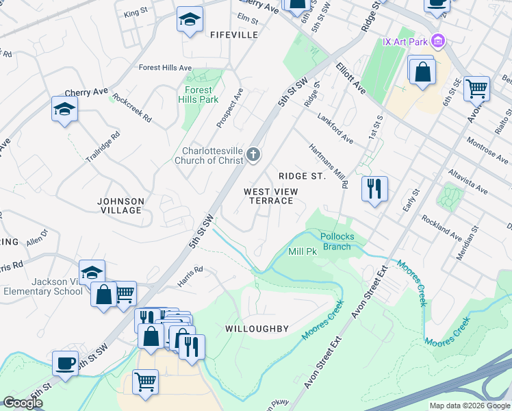 map of restaurants, bars, coffee shops, grocery stores, and more near 228 Brookwood Drive in Charlottesville