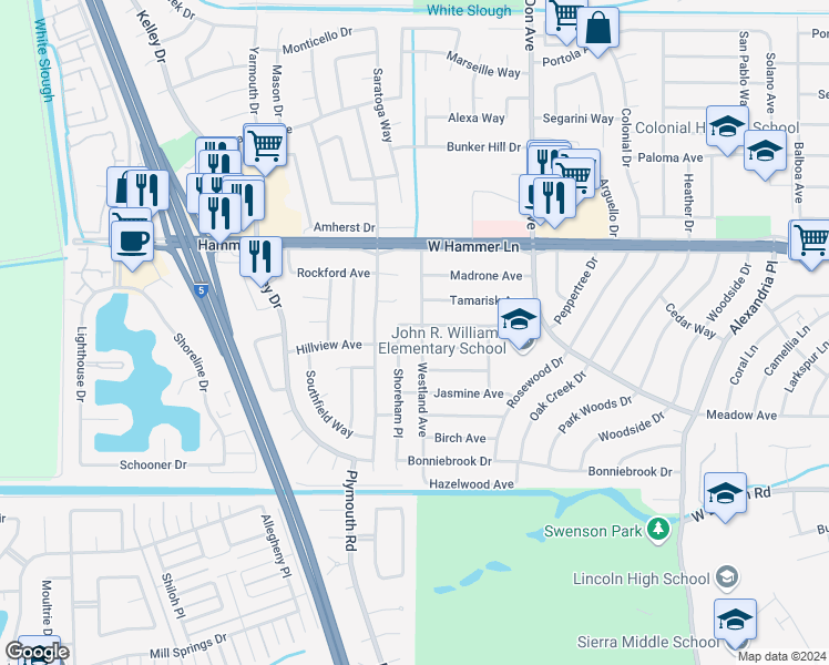 map of restaurants, bars, coffee shops, grocery stores, and more near 2802 Sumac Avenue in Stockton