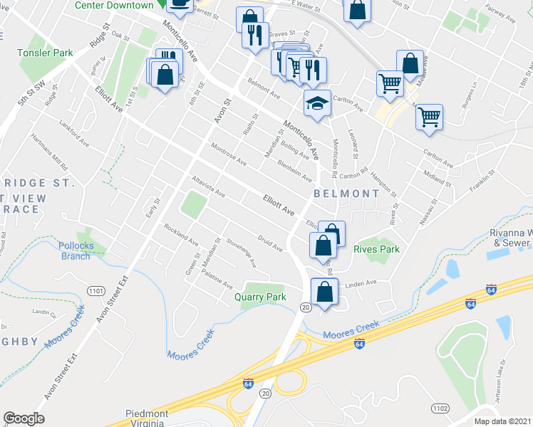 map of restaurants, bars, coffee shops, grocery stores, and more near 919 Altavista Avenue in Charlottesville