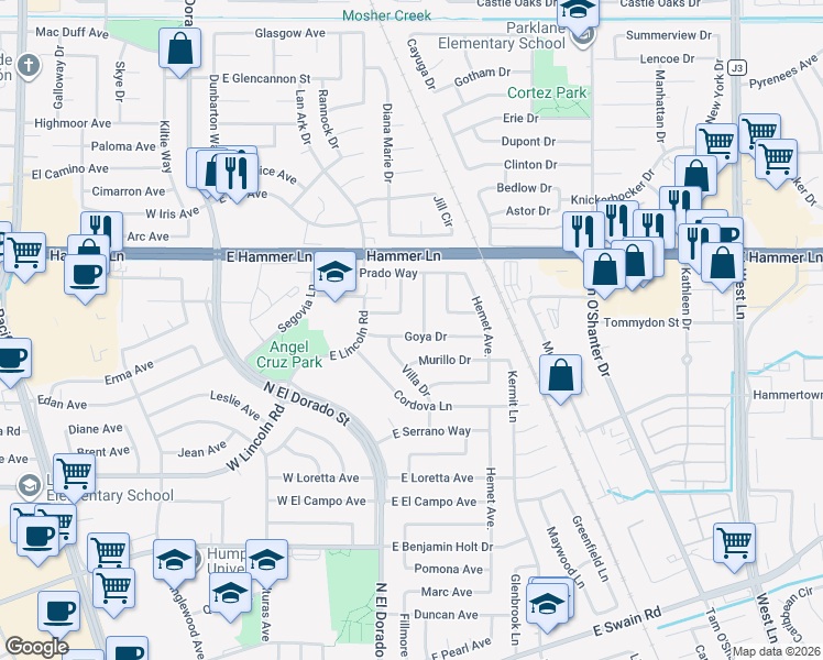 map of restaurants, bars, coffee shops, grocery stores, and more near 402 Berrendo Lane in Stockton