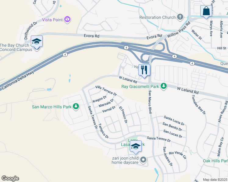 map of restaurants, bars, coffee shops, grocery stores, and more near 1229 Villa Terrace Drive in Bay Point