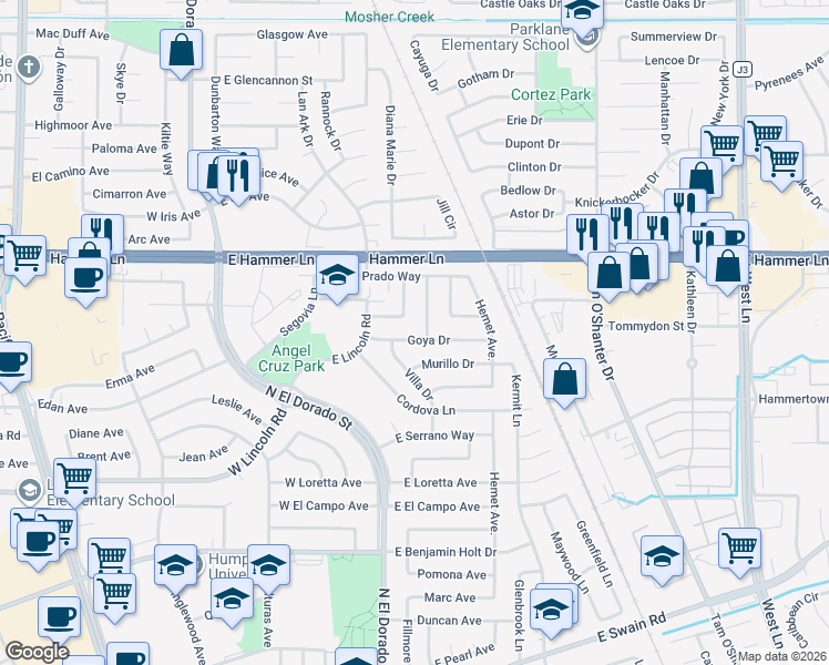 map of restaurants, bars, coffee shops, grocery stores, and more near 402 Berrendo Lane in Stockton