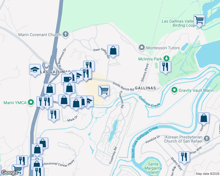 map of restaurants, bars, coffee shops, grocery stores, and more near 62 Dockside Circle in San Rafael