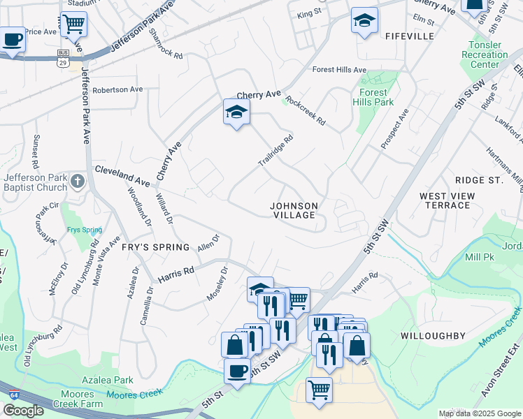 map of restaurants, bars, coffee shops, grocery stores, and more near 108 Village Court in Charlottesville