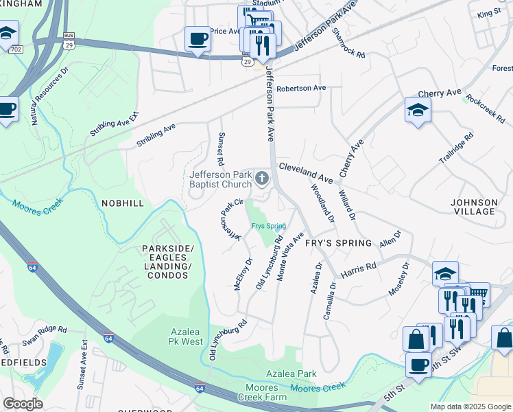 map of restaurants, bars, coffee shops, grocery stores, and more near 101-199 Park Road in Charlottesville