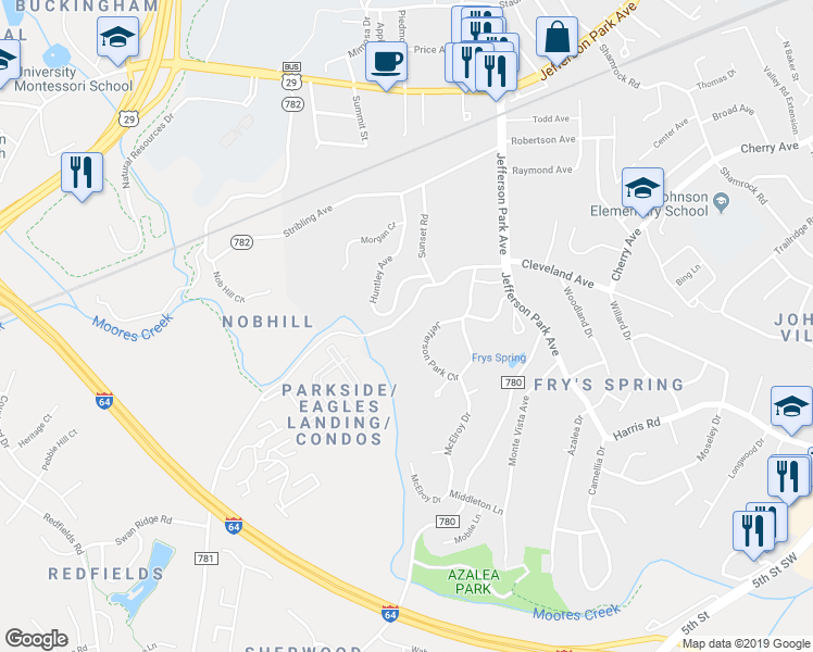 map of restaurants, bars, coffee shops, grocery stores, and more near 264 Huntley Avenue in Charlottesville