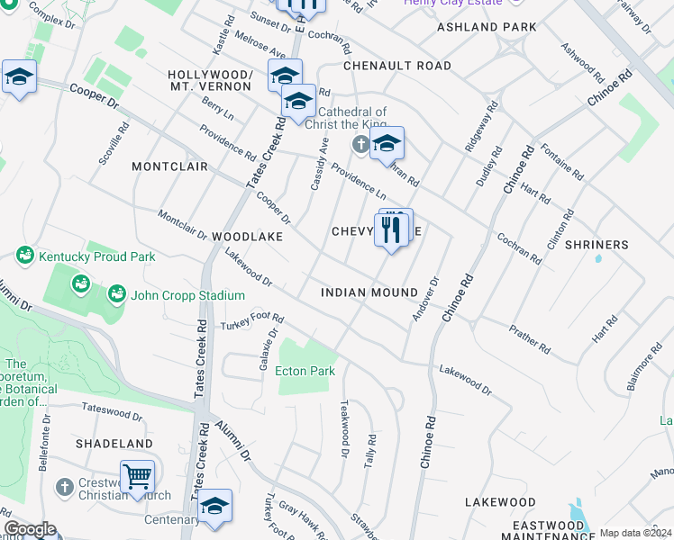 map of restaurants, bars, coffee shops, grocery stores, and more near 1108 Cooper Drive in Lexington