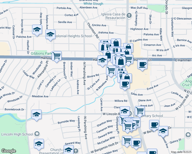 map of restaurants, bars, coffee shops, grocery stores, and more near 1213 Rivara Road in Stockton