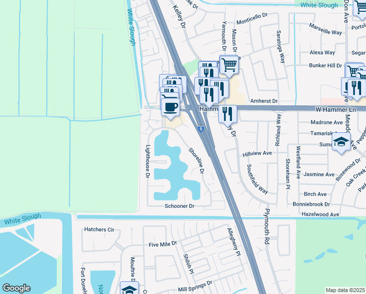 map of restaurants, bars, coffee shops, grocery stores, and more near 7525 Shoreline Drive in Stockton
