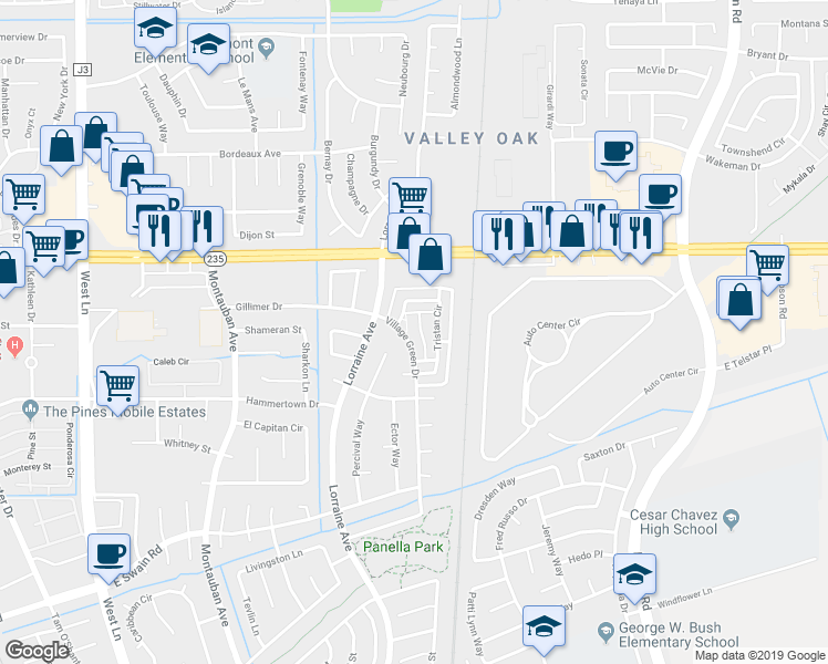 map of restaurants, bars, coffee shops, grocery stores, and more near 7304 Village Green Drive in Stockton