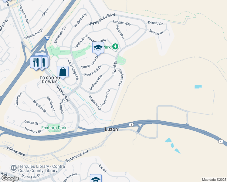 map of restaurants, bars, coffee shops, grocery stores, and more near 890 Tradewind Lane in Rodeo