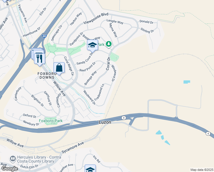map of restaurants, bars, coffee shops, grocery stores, and more near 890 Tradewind Lane in Rodeo