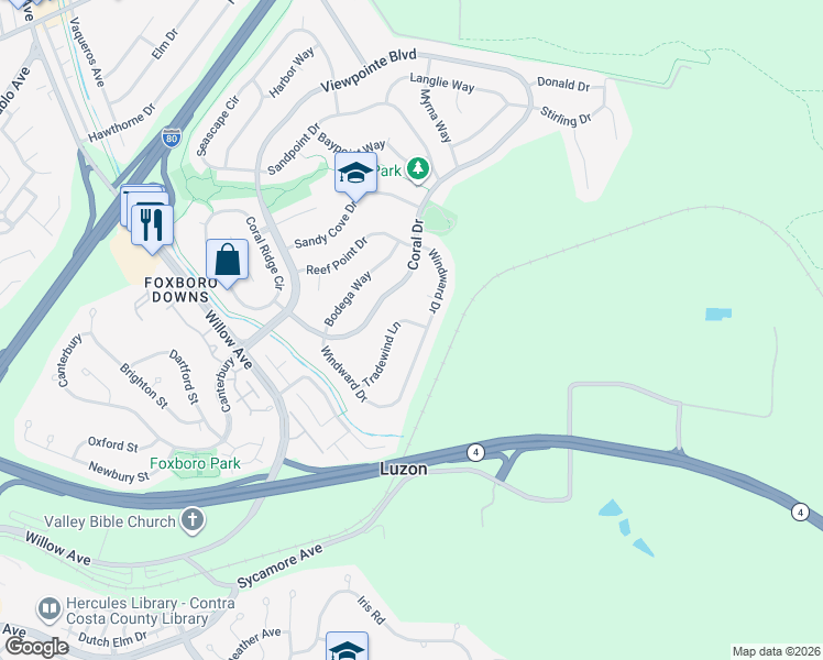 map of restaurants, bars, coffee shops, grocery stores, and more near 883 Tradewind Lane in Rodeo