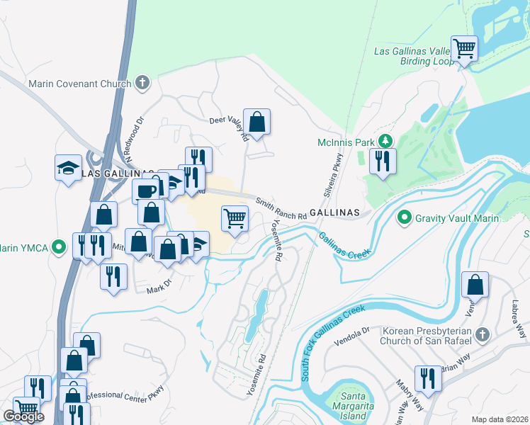 map of restaurants, bars, coffee shops, grocery stores, and more near 36 Dockside Circle in San Rafael