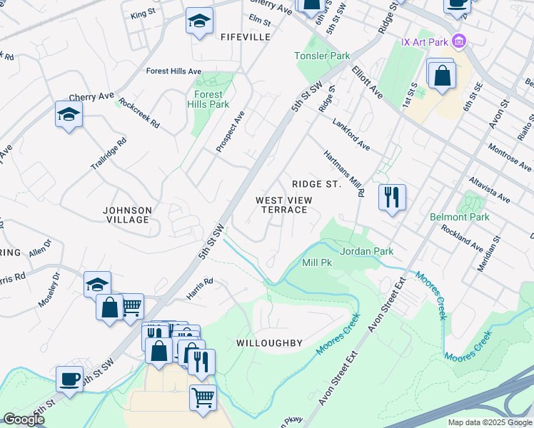 map of restaurants, bars, coffee shops, grocery stores, and more near 215 Brookwood Drive in Charlottesville