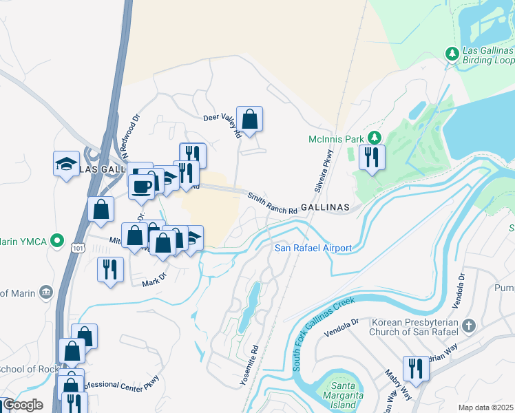 map of restaurants, bars, coffee shops, grocery stores, and more near 36 Dockside Circle in San Rafael