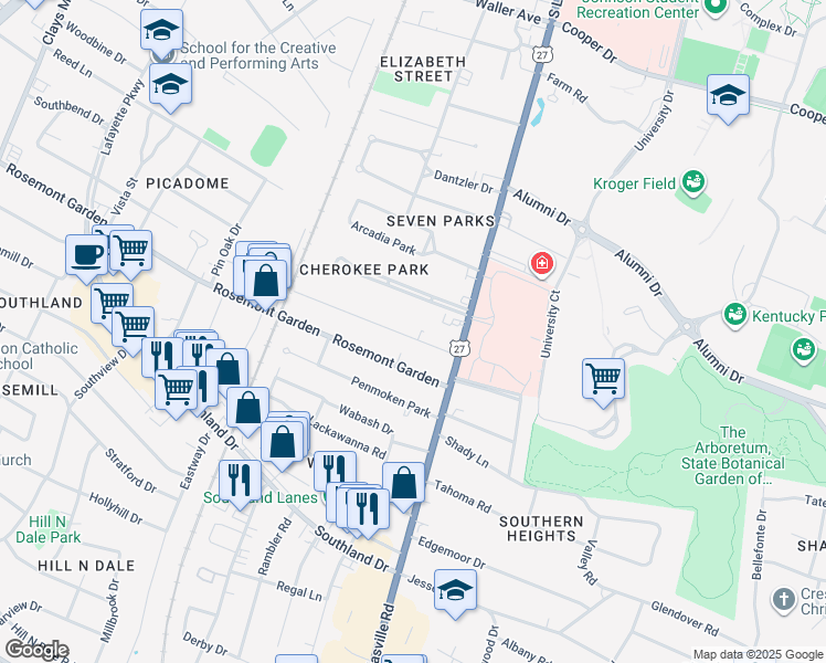 map of restaurants, bars, coffee shops, grocery stores, and more near 119 Suburban Court in Lexington