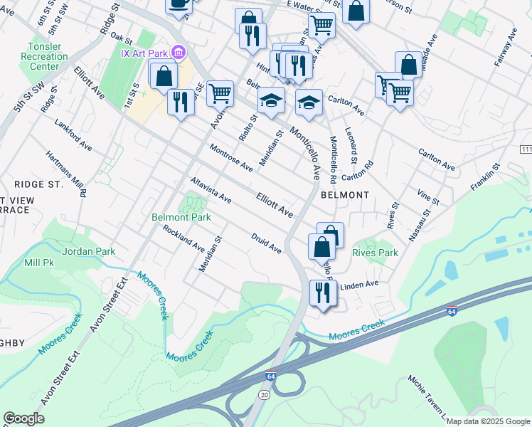 map of restaurants, bars, coffee shops, grocery stores, and more near 919 Altavista Avenue in Charlottesville