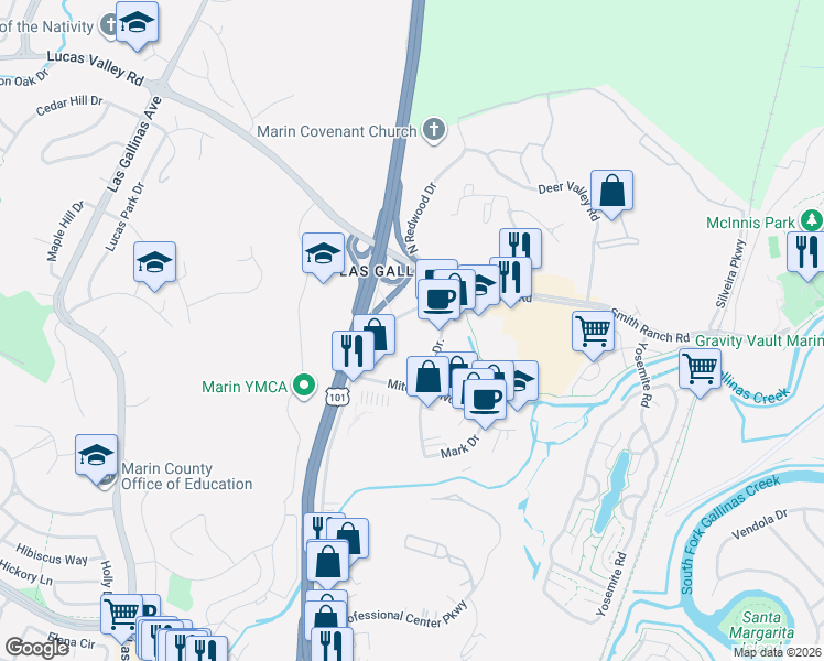 map of restaurants, bars, coffee shops, grocery stores, and more near 4460 Redwood Highway in San Rafael