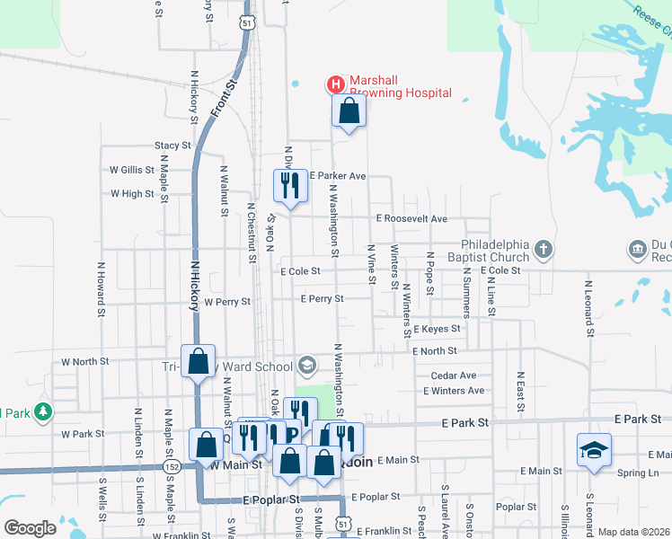 map of restaurants, bars, coffee shops, grocery stores, and more near 464 North Washington Street in Du Quoin