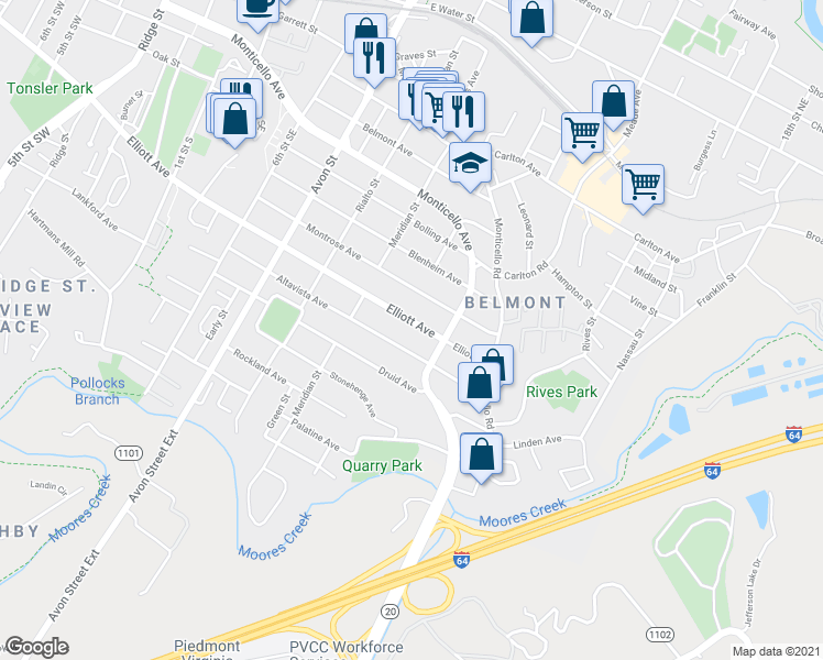 map of restaurants, bars, coffee shops, grocery stores, and more near 1006 Elliott Avenue in Charlottesville