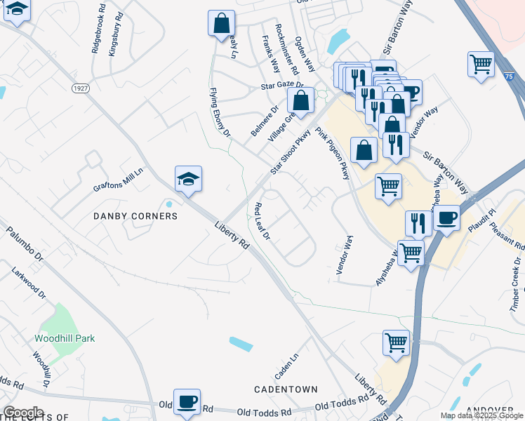 map of restaurants, bars, coffee shops, grocery stores, and more near 2812 Red Leaf Drive in Lexington