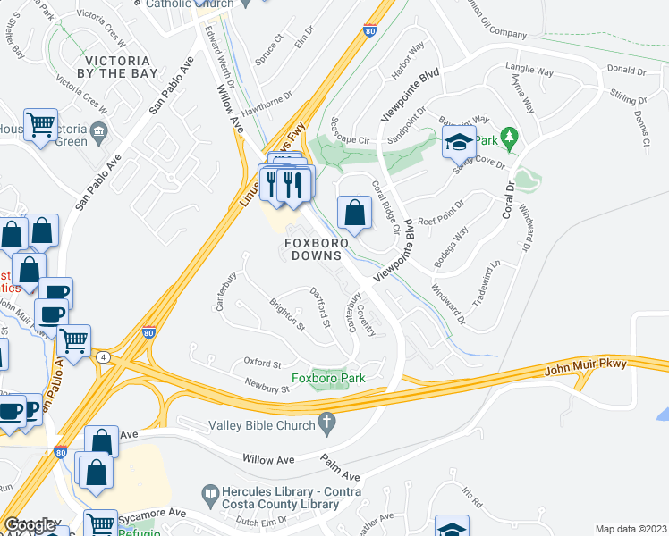 map of restaurants, bars, coffee shops, grocery stores, and more near 402 Weymouth in Hercules
