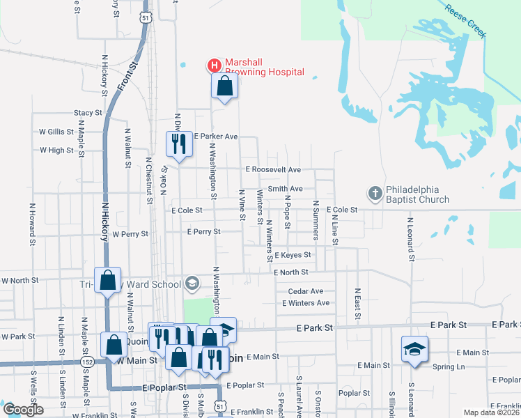 map of restaurants, bars, coffee shops, grocery stores, and more near Winters Avenue in Du Quoin