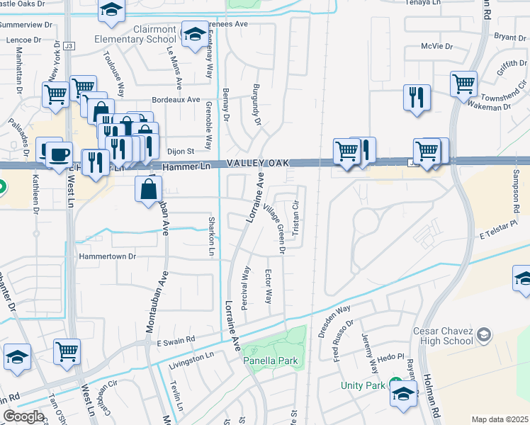 map of restaurants, bars, coffee shops, grocery stores, and more near 7409 Village Green Drive in Stockton