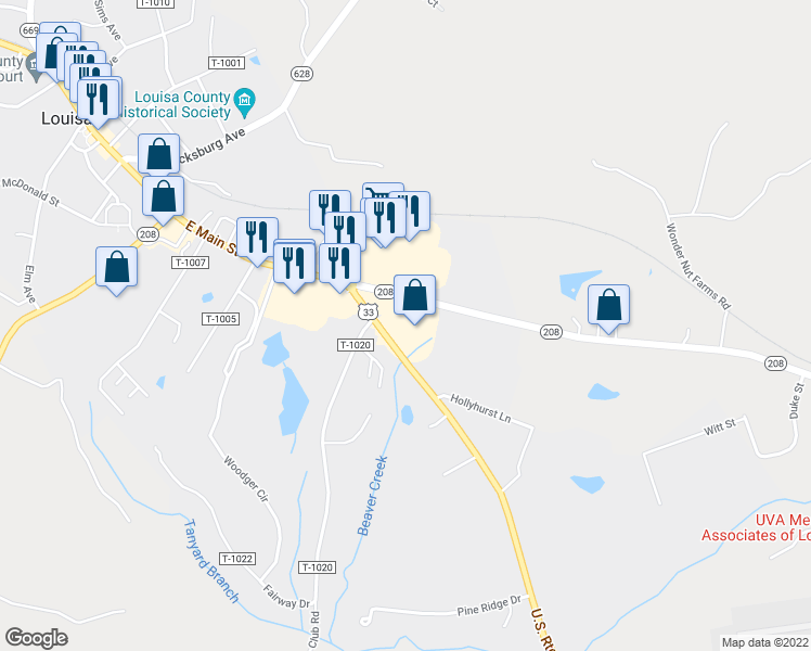 map of restaurants, bars, coffee shops, grocery stores, and more near 501 East Main Street in Louisa