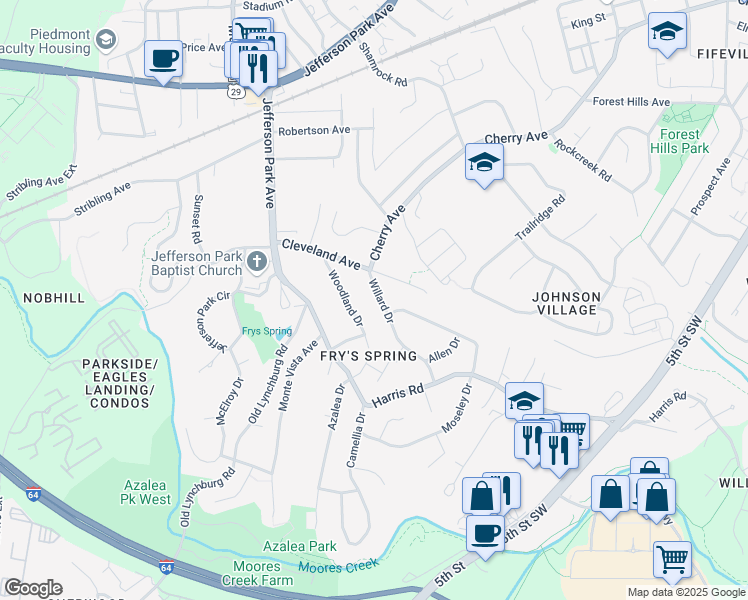 map of restaurants, bars, coffee shops, grocery stores, and more near 2513 Willard Drive in Charlottesville