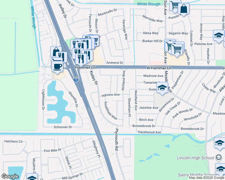 map of restaurants, bars, coffee shops, grocery stores, and more near 7602 Dorchester Way in Stockton