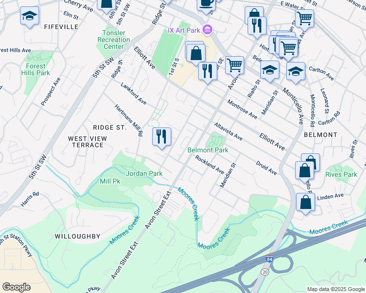 map of restaurants, bars, coffee shops, grocery stores, and more near 1421 Early Street in Charlottesville