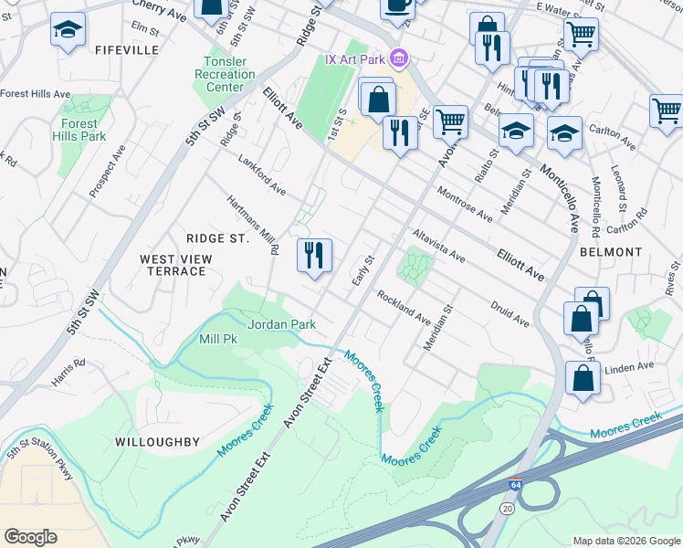 map of restaurants, bars, coffee shops, grocery stores, and more near 1413 Early Street in Charlottesville