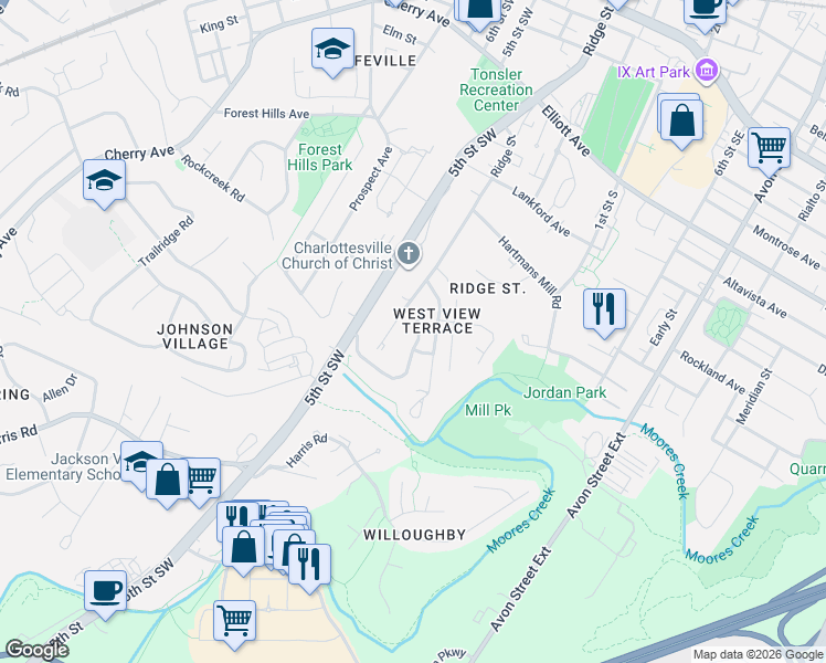 map of restaurants, bars, coffee shops, grocery stores, and more near 228 Brookwood Drive in Charlottesville