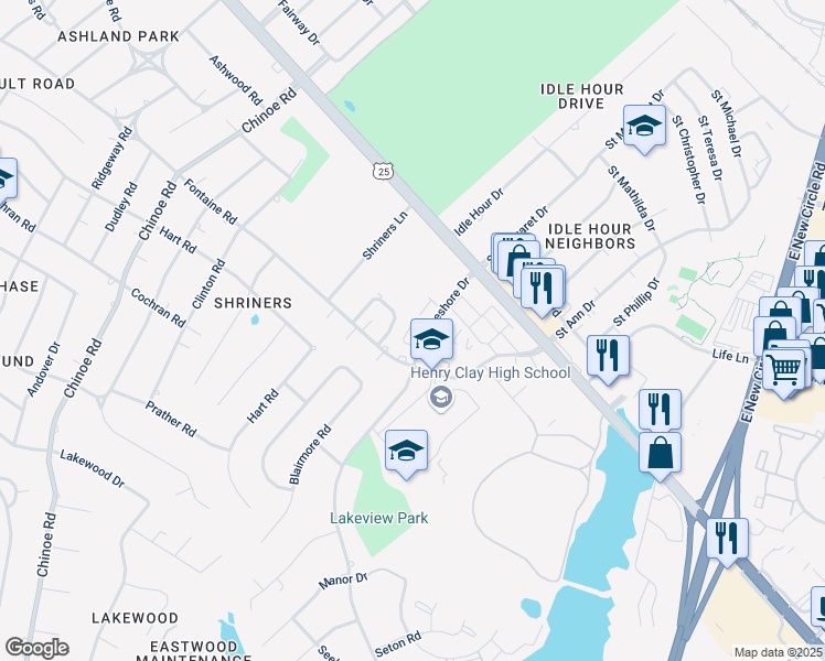 map of restaurants, bars, coffee shops, grocery stores, and more near 163 Lakeshore Drive in Lexington