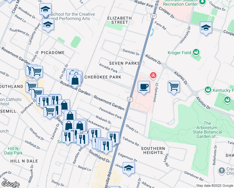map of restaurants, bars, coffee shops, grocery stores, and more near 119 Suburban Court in Lexington